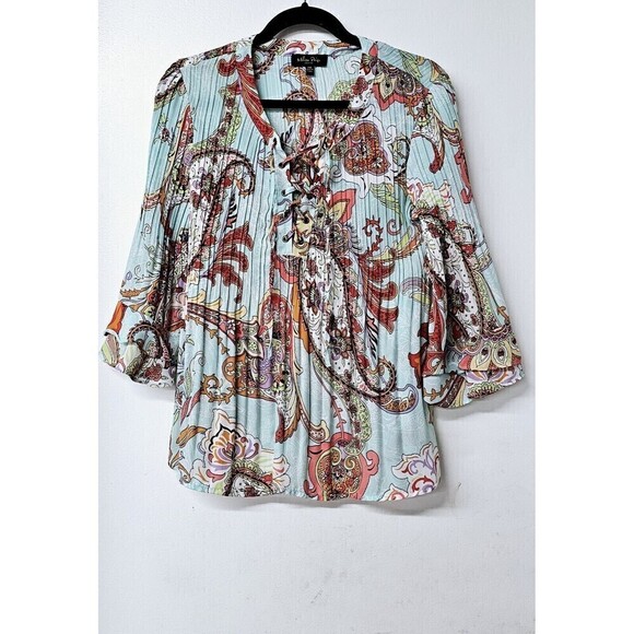 MELISSA PAIGE Petite Multicolor Paisley Long Bell Sleeve  Women Shirt (PM) - Picture 1 of 5